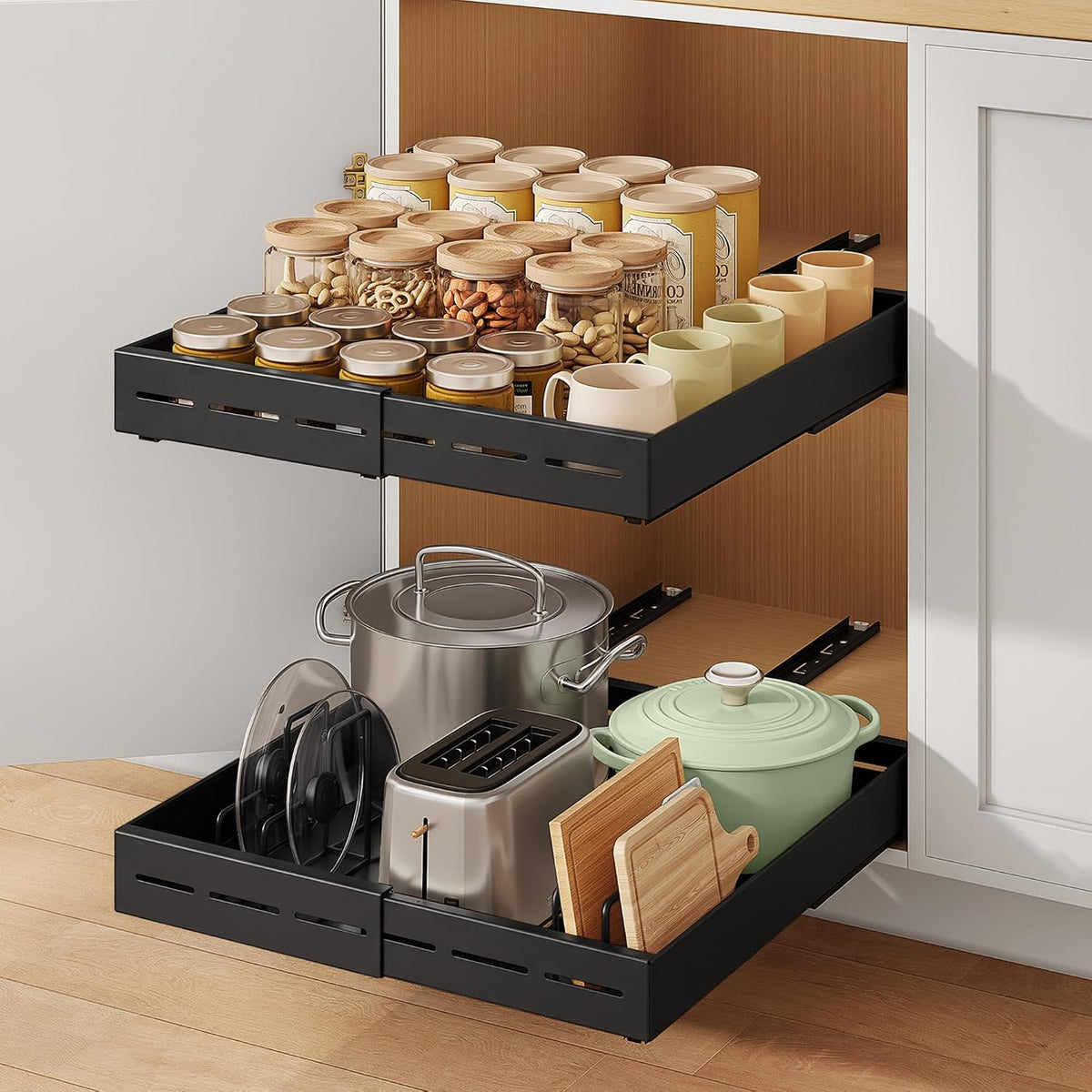 2 Pack Expandable Pull Out Cabinet Organizer 21"Deep 3 Rail Slide