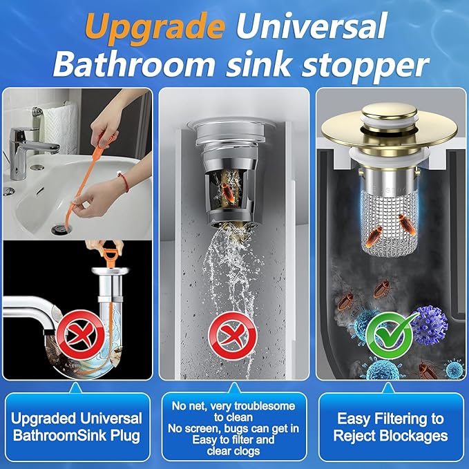 Bathroom Sink Drain Strainer,(3PCS) Pop-up Sink Drain Strainer with Removable Stainless Steel Strainer Basket Hair Catcher, Bathroom Sink Strainer for Bathroom Sink Stopper Replacement