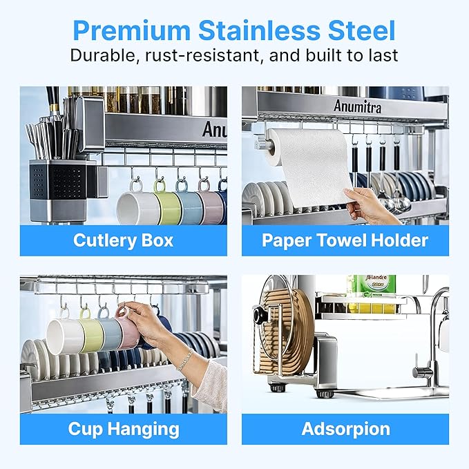 ANUMITRA Over Sink Dish Drying Rack – Stainless Steel 3-Tier 33.5 in Dish Drainer Rack, Space-Saving Kitchen Sink Organizer with Plate & Bowl Holders, Cutting Board Rack, Utensil Cup, Adjustable Feet