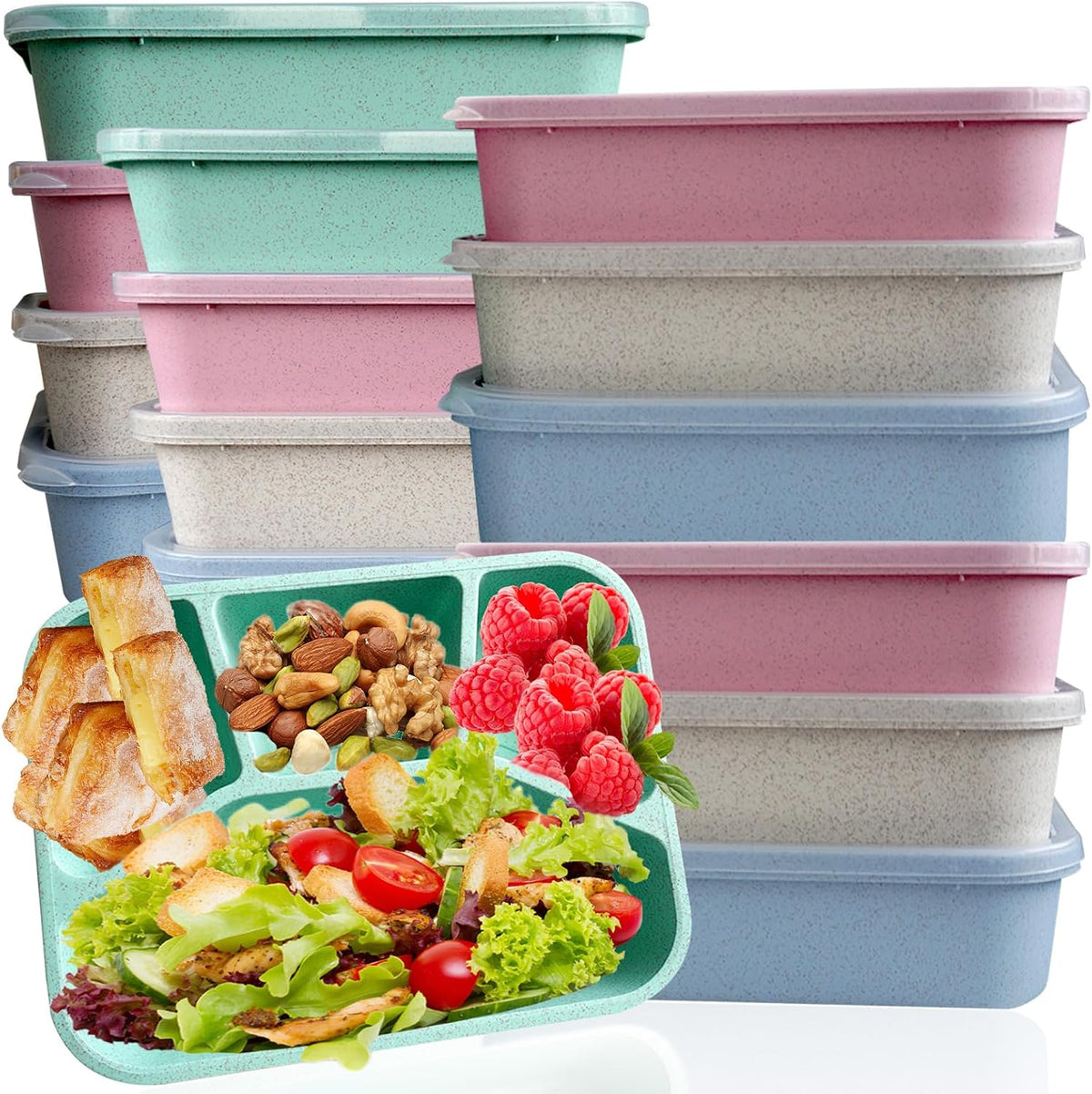 15 PCS Bento Box, 4 Compartment Bento Box Adult Set, Wheat Straw Bento Lunch Box, Reusable Lunch Snack Box, Microwave, Dishwasher and Freezer Safe Meal Prep Containers for Work, School and Travel