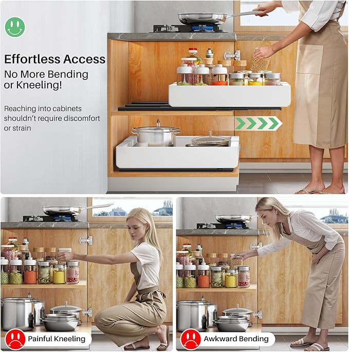Pull out Cabinet Organizer, 4-pack, Expandable(12"-20") Heavy Duty Slide out Drawers Fixed with Adhesive Nano Film for Pots, Roll out Shelf Storage for Kitchen Base Cabinet Organization(3 Rails)
