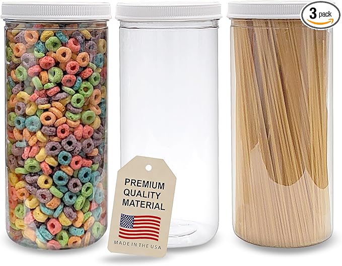 ljdeals 80 oz Tall Clear Plastic Jars with Lids, 2.5 Quart 10 Cup Cylinder Storage Containers, Wide Mouth PET Canisters, Pack of 3, BPA Free, Food Safe, Made in USA