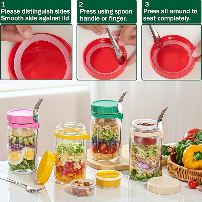 Danmu 32 oz Salad Jars with 2 Dressing Cups & Forks - Glass Mason Jar Meal Prep Containers,Wide Mouth,Leak Proof,Dishwasher Safe - Dry Wet Food Separation for Fresh Salad,Leftovers 4 Pack