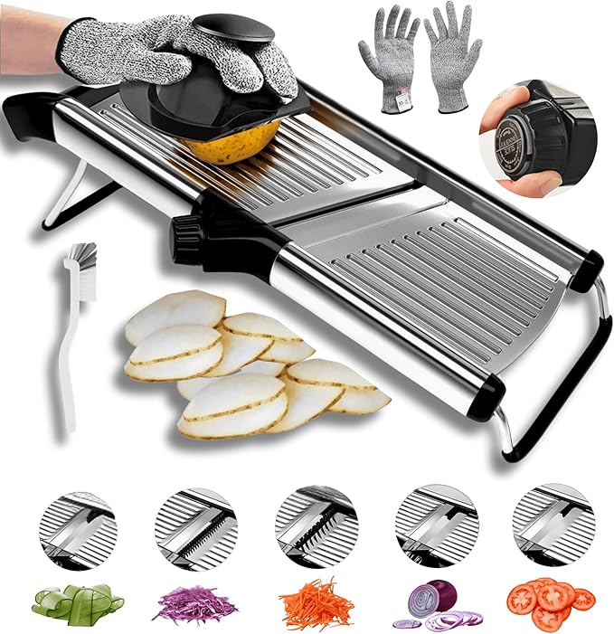 Groa Adjustable Mandoline Slicer for Kitchen– French Fry Cutter, Potato Slicer Vegetable Slicer Tomato Slicer in Kitchen Essentials with Resistant Gloves- Stainless Steel Mandolin vegetable cutter