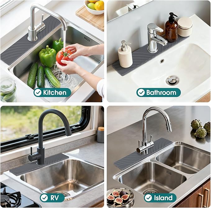 Quick Dry Stone Faucet Mat for Kitchen Sink - 23.6"x3.9" Natural Diatomite Stone Drying Mat for Kitchen Counter, Auto Drainage Sink Protector, Water Splash Guard for Bathroom (Dark Grey)