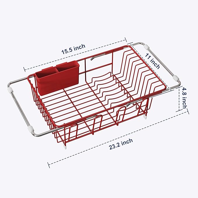 JASIWAY Red in Sink Dish Drying Rack, Expandable Stainless Steel Small Dish Rack Over Kitchen Sink, Plate Drainer Strainer with Utensil Holder & Cup Holders, Counter Space Saving Wire Dryer Rack