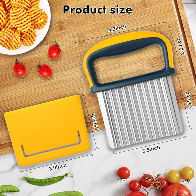 2 Pack Crinkle Cutter Set - French Fry Cutter for Potatoes, Premium Stainless Steel Potato Slicer, Safe Wavy Veggie Slicer with Blade Cover, Space-Saving Crinkle Knife