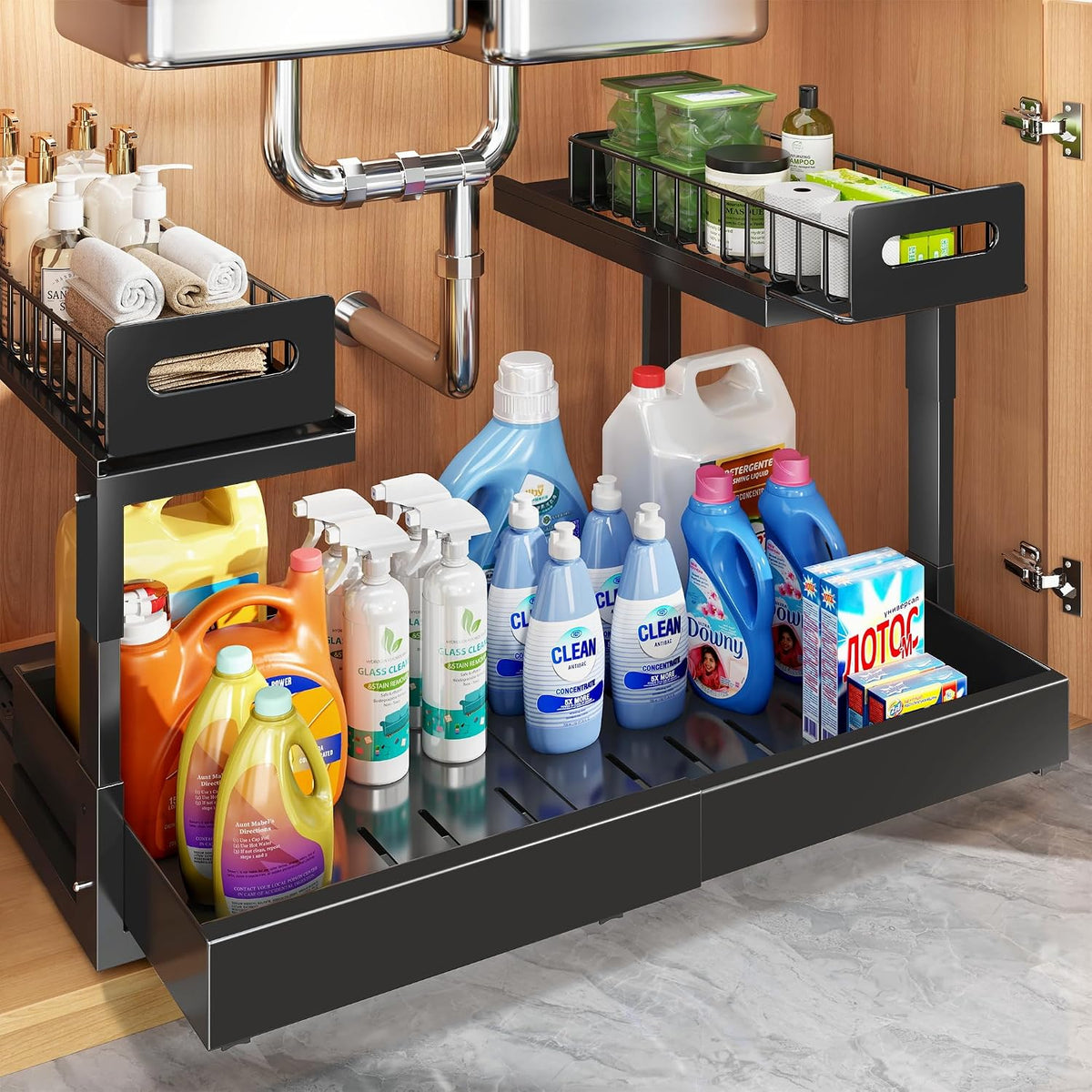 1 Pack Expandable Under Sink Organizers And Storage With Upgrade Ball-Bearing Slide Tracks,2-Tier Pull Out Under Cabinet Organizer Height Adjustable,Slide Out Under Sink Drawers-Black(Patent Pending)
