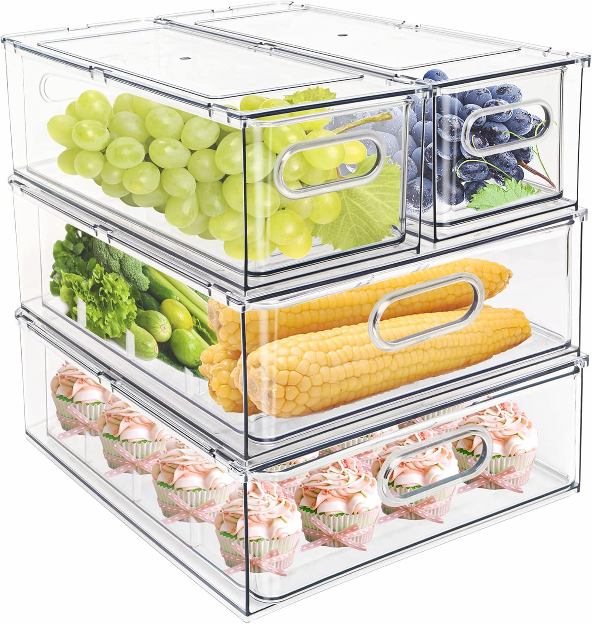 4 pack Stackable Refrigerator Organizer Bins Pull-Out Drawers for Fruit and Veggies Storage Organizer for Fridge Clear Drawer Containers with Handle Divided Organization for Produce Saver
