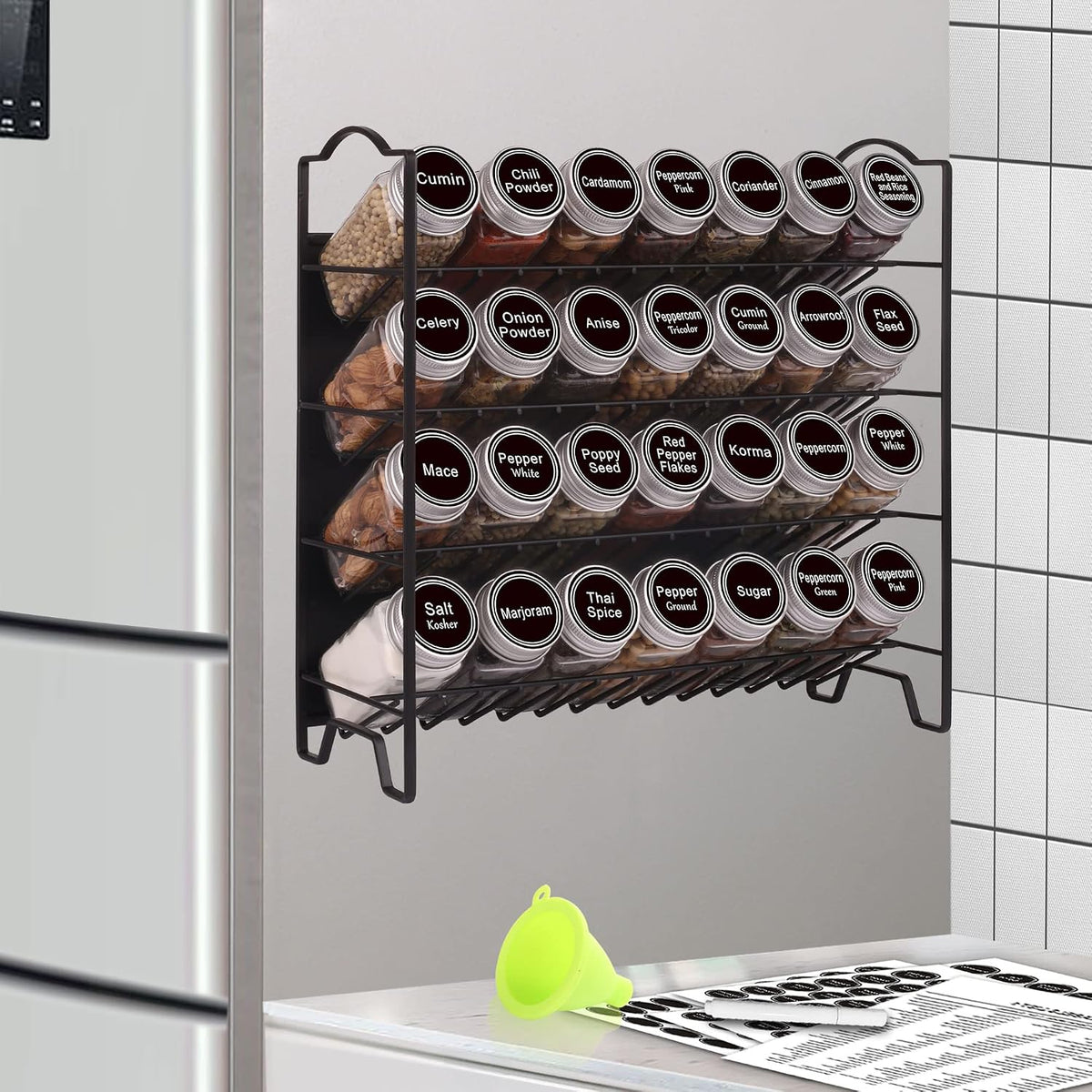 4 Tier Magnetic Spice Rack Organizer with 28 Spice Jars