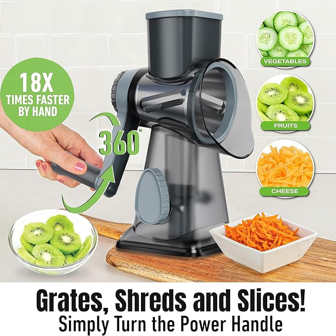 Cheese Grater Hand Crank Rotary Vegetables Shredder with Handle, 3-in-1 Graters with Interchangeable Blades and Non-slip Base Multifunctional Slicer for Kitchen