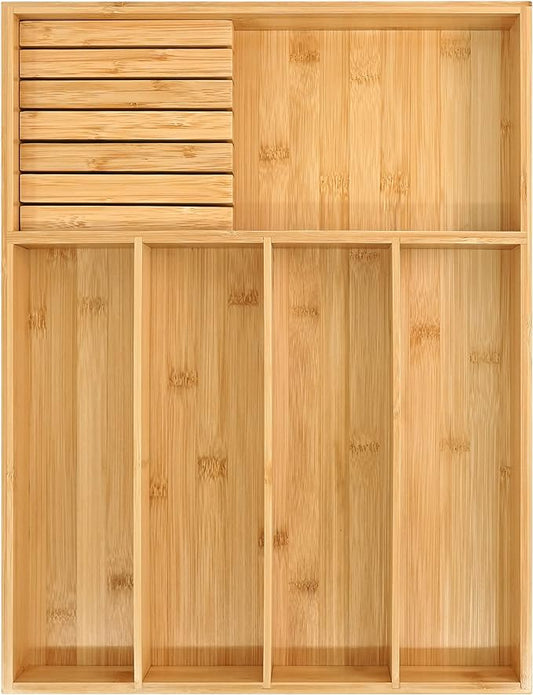 VaeFae Bamboo Silverware Organizer (Non-expandable), Utensil Holder for Drawer, Cutlery Tray with Divider for Kitchen Drawer, Utensil Organizer with Knife Block