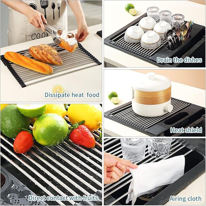 Berglander Dish Drying Rack Over The Sink, L17.5 by W 15" Rollable Stainless Steel Dish Rack with Removable Storage Basket, Perfect for Kitchen Sink