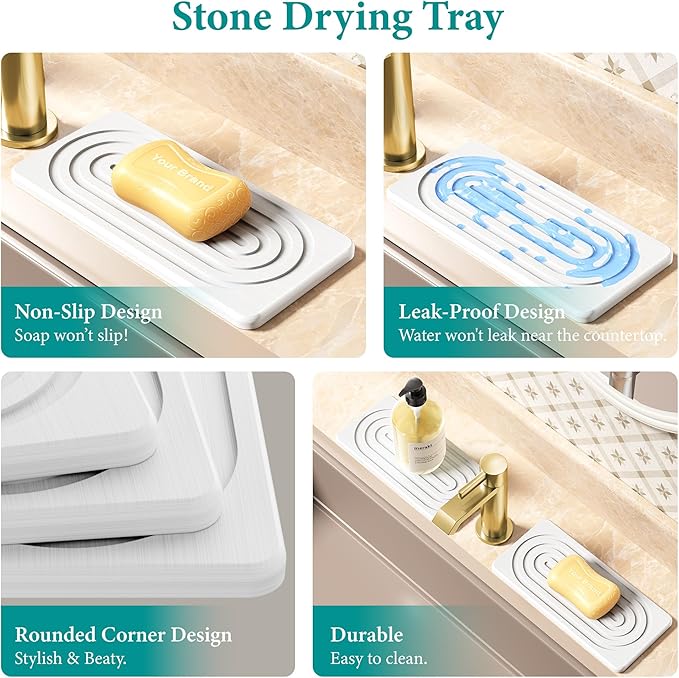 Water Absorbing Stone Tray, Quick Drying Diatomite Bathroom Tray Countertop, Stone Drying Mat for Kitchen Counter, Soap Dish Dispenser Vanity Organizer, White-A-12.2" x 4"