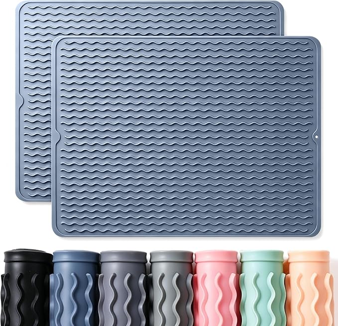 CAKETIME 2 Pack Silicone Dish Drying Mat for Kitchen Counter Multiple Usage for Cooking Grilling Under Sink Office Coffee Accessories Appliances Pioneer Woman Stuff Extra Large 24"x18" Blue