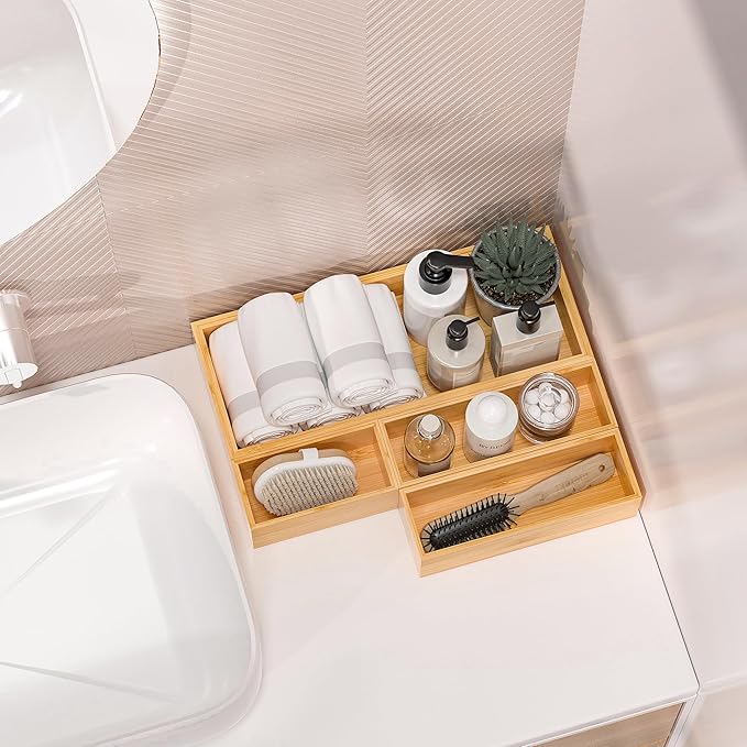 Kitchen Drawer Organizer Bins, Stackable Bamboo Deep Drawer Organizer for Silverware, Utensils, Cutlery, Flatware, Junk Drawer, Dresser, Bathroom