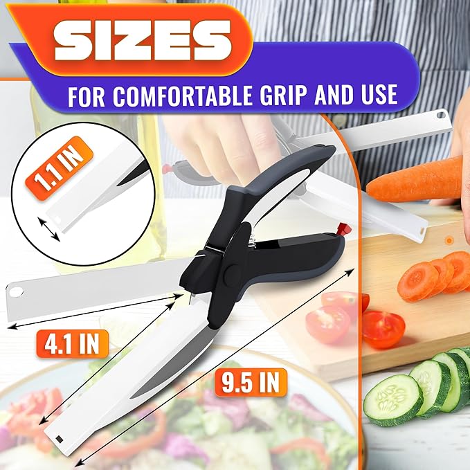 2 in 1 Kitchen Scissors for Food – Stainless Steel 9.5" Tomato Knife Chops Vegetables, Fruit, Cheese, Meat in Seconds | Dishwasher Safe Cutting Board Scissors with Safety Lock – Kitchen Gift for Dad