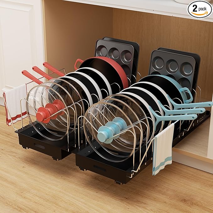 Golener Pots and Pans Organizer Under Cabinet - 22" Deep Expandable Pot Organizers inside Cabinet with 10 Adjustable Dividers &Handrail, No Drill Pot Lid Holder, Sliding Pot Lid Holder, 2 Packs