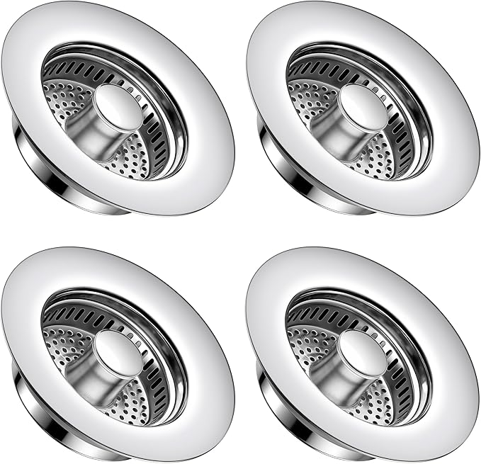 Kitchen Sink Drain Strainer 4 Pack, 304 Stainless Steel Pop Up Sink Stopper, Anti-Clogging Sink Drain Strainer for US Standard Kitchen Drain (Chrome)