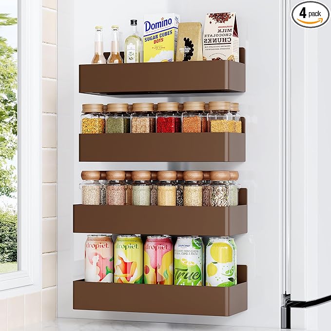 Mystozer Magnetic Spice Rack for Refrigerator, Kitchen Organizer and Storage Shelf, Brown(4 Pack)…
