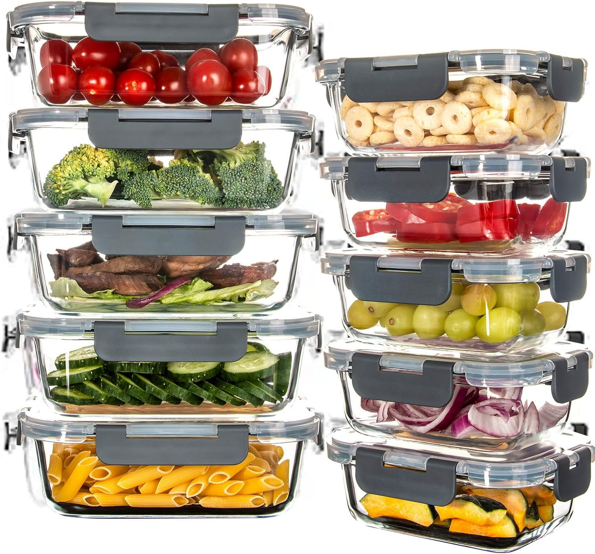 10 Pack Glass Food Storage Containers with Lids for Lunch, On-the-Go, Leftovers, Pantry Organization