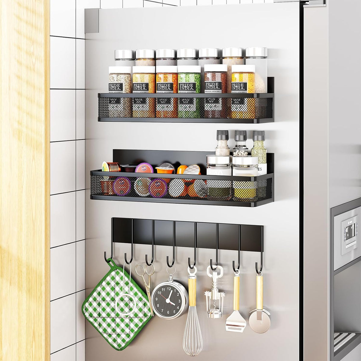 Magnetic Spice Rack for Refrigerator, 3 Pack Magnetic Shelf, Moveable Fridge Organizer with 8-Hook Rack, Seasoning Organizer for Kitchen