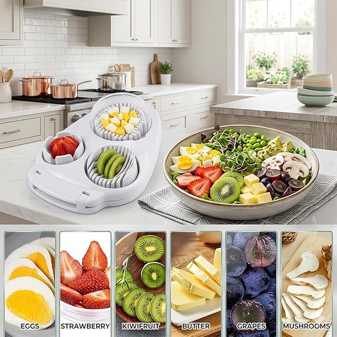 3-in-1 Egg Slicer for Hard Boiled Eggs, Hard Boiled Egg Slicer Dicer Chunker Stainless Steel, Kitchen Gadget for Salad, Strawberry, Mushroom and Grape, Heavy Duty & Dishwasher Safe (White)