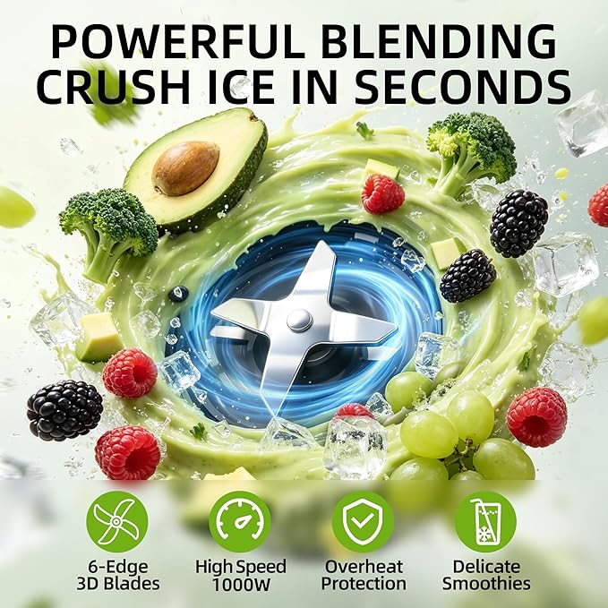 1000W 6-Blade Single-Serve Blender Exclusive Blender 28/14oz Tritan Blending Cup, Make milkshakes, salad dressings, sauces, crush ice, and blend frozen fruits