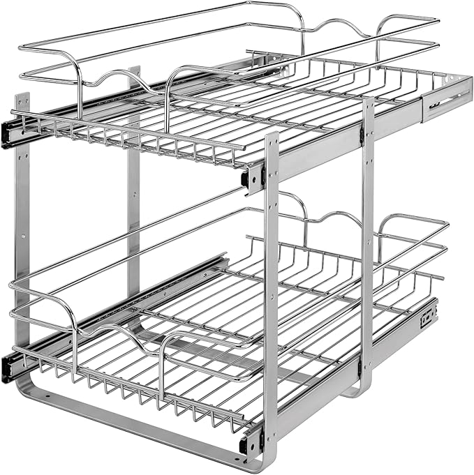 Rev-A-Shelf 2-Tier Pullout Shelf and Drawer Organizer for Kitchen Cabinets, Slide Out Storage Basket, Min Opening Width of 14.5", 15" x 22", 5WB2-1522CR-1