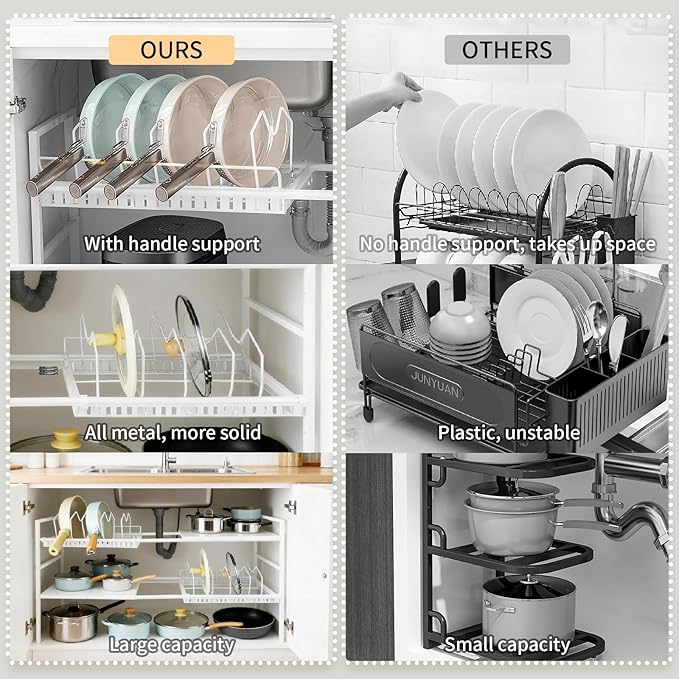 Pots and Pans Organizer Under Cabinet, Expandable Pots Organizers Inside Cabinet, Adjustable Height Under Sink Shelf 2 Tier with 10 Dividers Under Cabinet Shelf, Pot and Pan Lid Holder Rack (White)