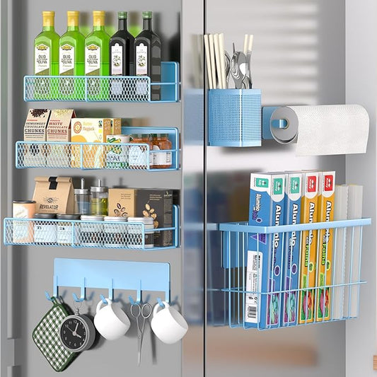 Magnetic Spice Rack for Refrigerator, 7 Pack Metal Magnetic Shelf, Blue