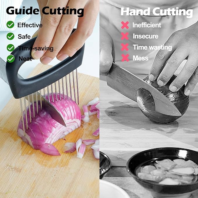 Hendiy Extra-Large Onion Holder for Slicing, 304 Stainless Steel Onion Slicer with 16 Long Needles, Onions Cutter Vegetable Chopper, Extra-Large Tomato Potato Slicer,Meat Tenderizer,Food Slicing Guide