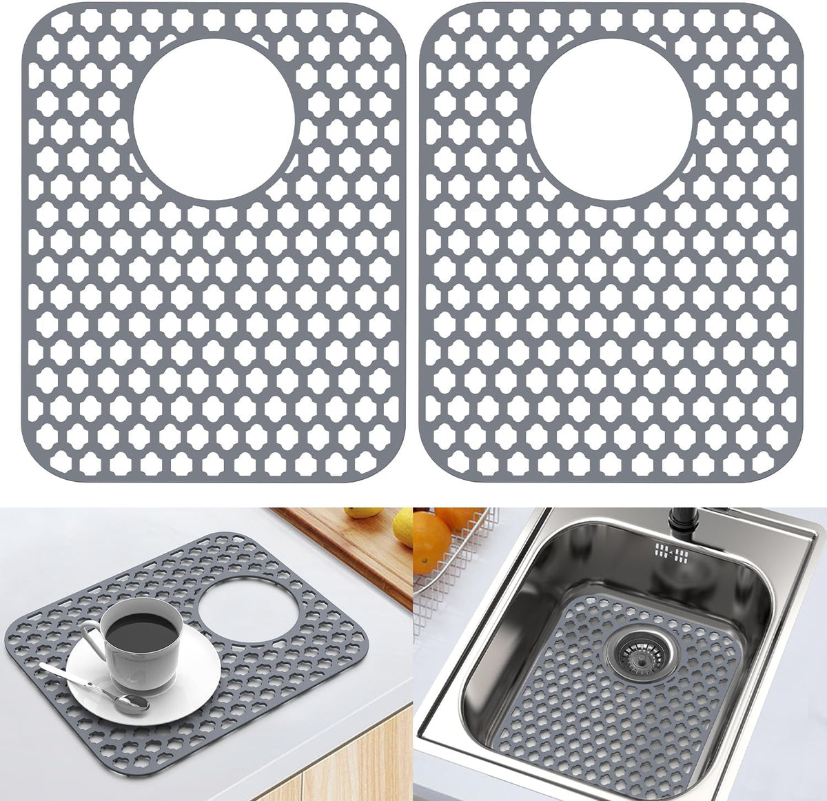 2 Pack Silicone Sink Protector Mat for Kitchen Sink Rear Drian Gray