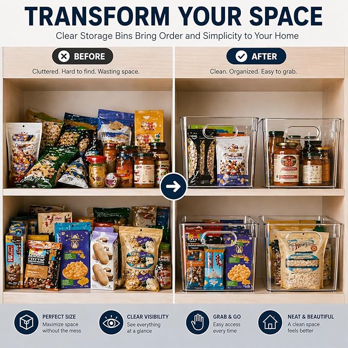 MOONEDGE 4 Pack Open Clear Plastic Storage Bins 11"x8"x6" Stackable Organizer Containers with Handle for Kitchen, Pantry, Fridge, Bathroom,Cabinet,Closet Storage
