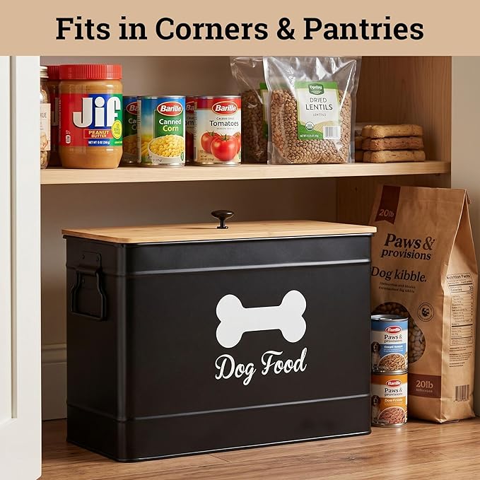 Dog Food Container Airtight 15-20 lb (70 Cup) Capacity with Metal Scoop - Cute Airtight Dog Food Storage Container with Bamboo Lid - Black Metal Kibble Storage Bin for Dogs up to 100 lbs - Big Pet Jar