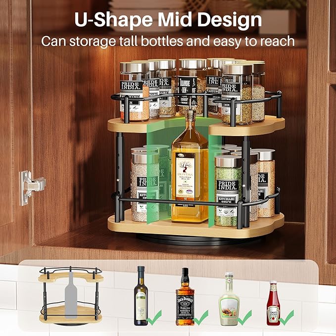 Lazy Susan Organizer Spice Rack - Spice Organization for Cabinet Height Adjustable Rotating Lazy Turntable, Pantry Kitchen Wood Revolving Seasoning Organizer (Natural, 9 Inch)