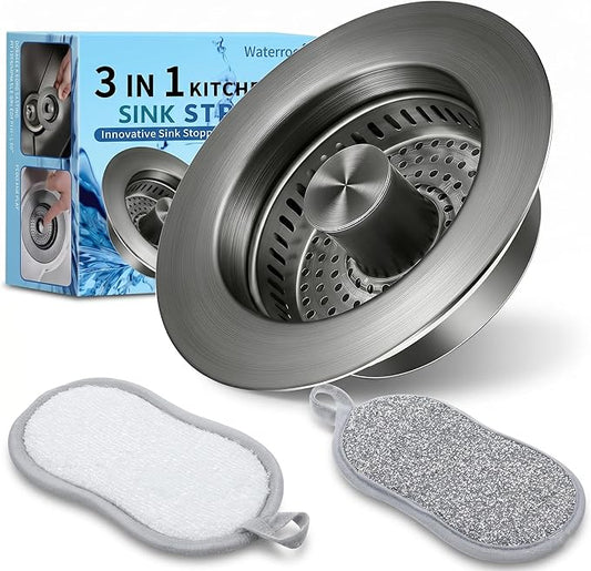 3-in-1 Kitchen Sink Drain Strainer and All-Purpose Scrub Sponges, Sink Stopper Pop-Up Drain Plug with Anti-Clogging Food Catcher Basket