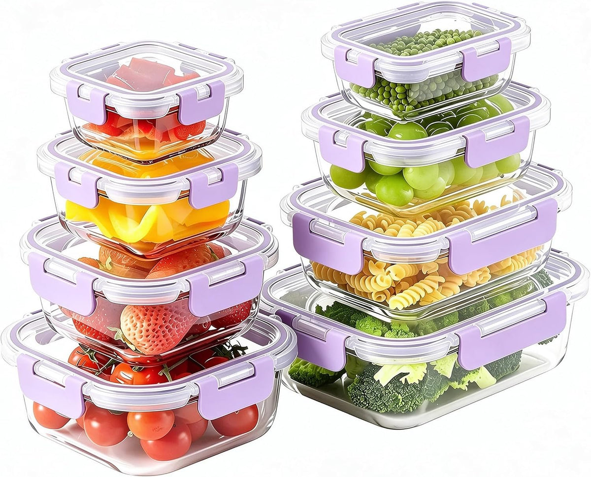 8 Pack Glass Food Storage Containers with Snap Locking Lids for Meal Prep