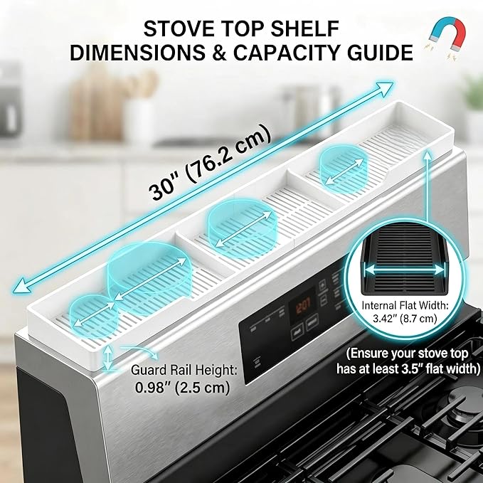 AWOKE Stove Top Shelf 30 Inch - Silicone Material Magnetic Shelf for The Stove - 3 Functional Partitions Kitchen Spice Rack Organizer - White