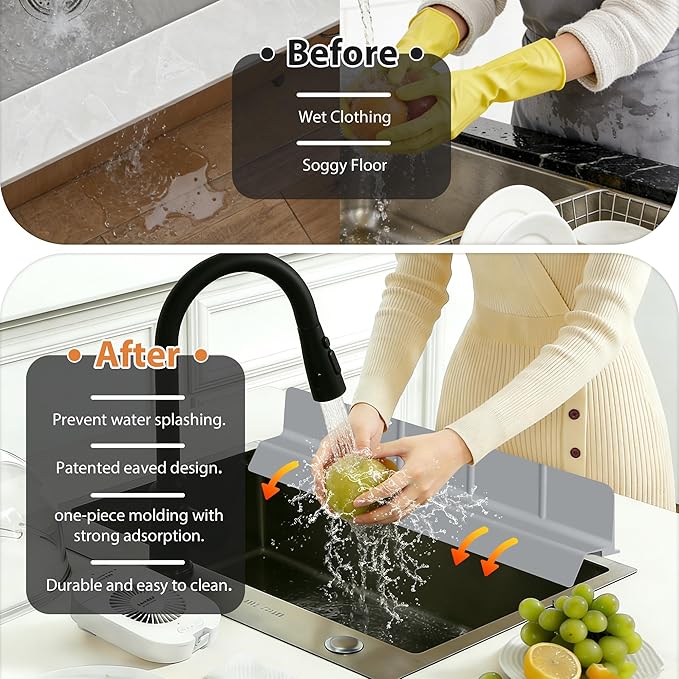 23Inch Sink Splash Guard – Extended Length & Tall Silicone Kitchen Sink Splash Guard with Overhang Drainage Design & Strong Suction Cups for Countertop (Dark Grey, 23''x3.5'')