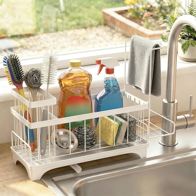 Sponge Holder for Kitchen Sink, Sink Caddy Organizer with Detachable Cloth & Brush Holder, Self-Draining Sponge Caddy Organizer with 360° Rotatable Spout, Kitchen Countertop Storage Accessories(White)