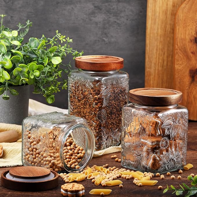 Suclain 5 Pcs Sunflower Vintage Glass Jars with Bamboo Airtight Lid 17/24/34 oz Glass Food Containers Storage for Kitchen Counter Pantry Sugar Flour Coffee Tea Candy Oats Cereal(Square)