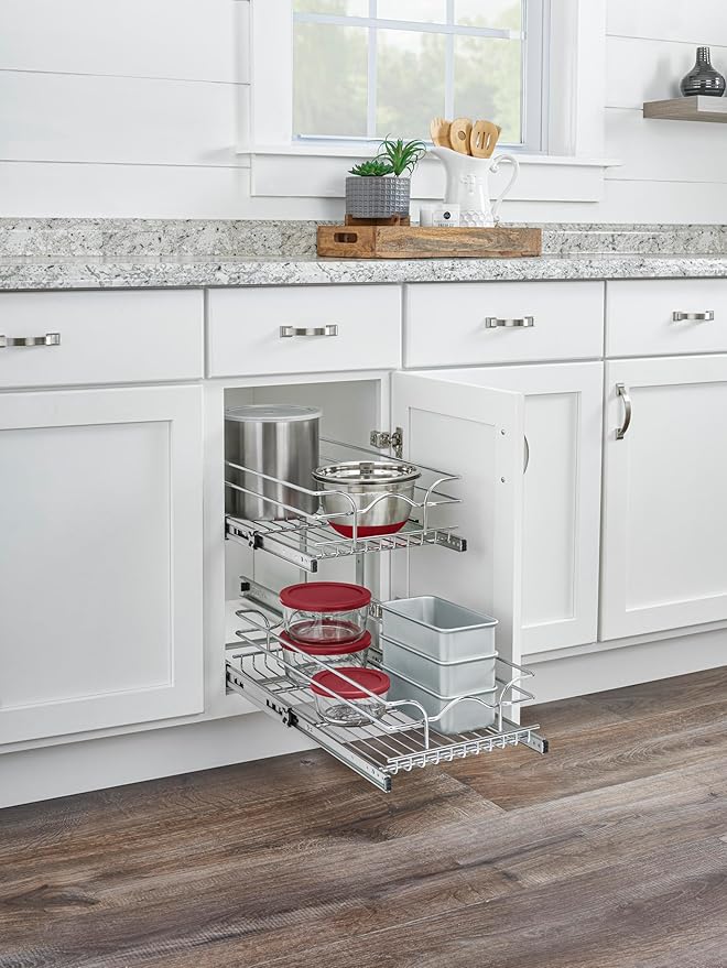 Rev-A-Shelf 2-Tier Pullout Shelf and Drawer Organizer for Kitchen Cabinets, Slide Out Storage Basket, Min Opening Width of 11.5", 12" x 22", 5WB2-1222CR-1
