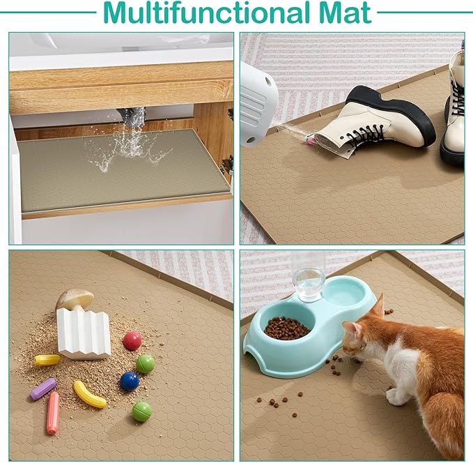 Waterproof Under Sink Mat 34" x 19", Silicone Cabinet Liner, Rubber Protector for Kitchen and Bathroom, Keeps Cabinets Clean, Dry, and Organized (Khaki)