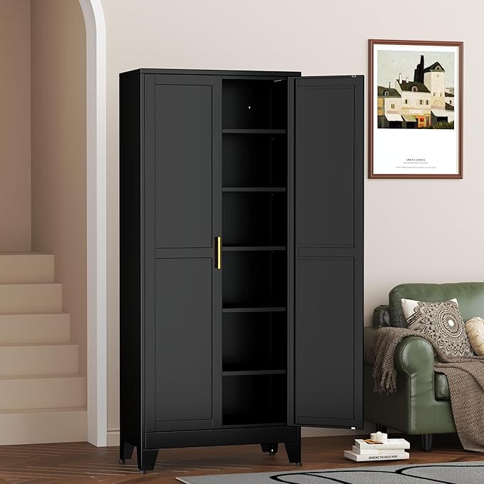 Metal Pantry Cabinet with 2 Doors and 5 Adjustable Shelves, 75"Kitchen Storage cabinets with Gold Handles, Versatile Storage for Laundry Room, Living Room, Bathroom, Dinning Room, Utility Room-Black