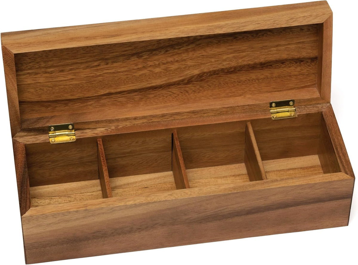 Acacia Wood Tea Box with 4 Sections, 12-1/2" x 4-1/8" x 3-7/8"