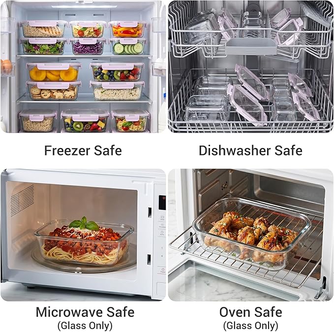 Dealusy 10 Sets (20-Piece) Glass Meal Prep Containers with Lids, Five 36 oz & Five 12 oz Airtight Leak-proof Glass Food Storage Containers with lids, Microwave Oven Freezer Dishwasher Safe, Purple