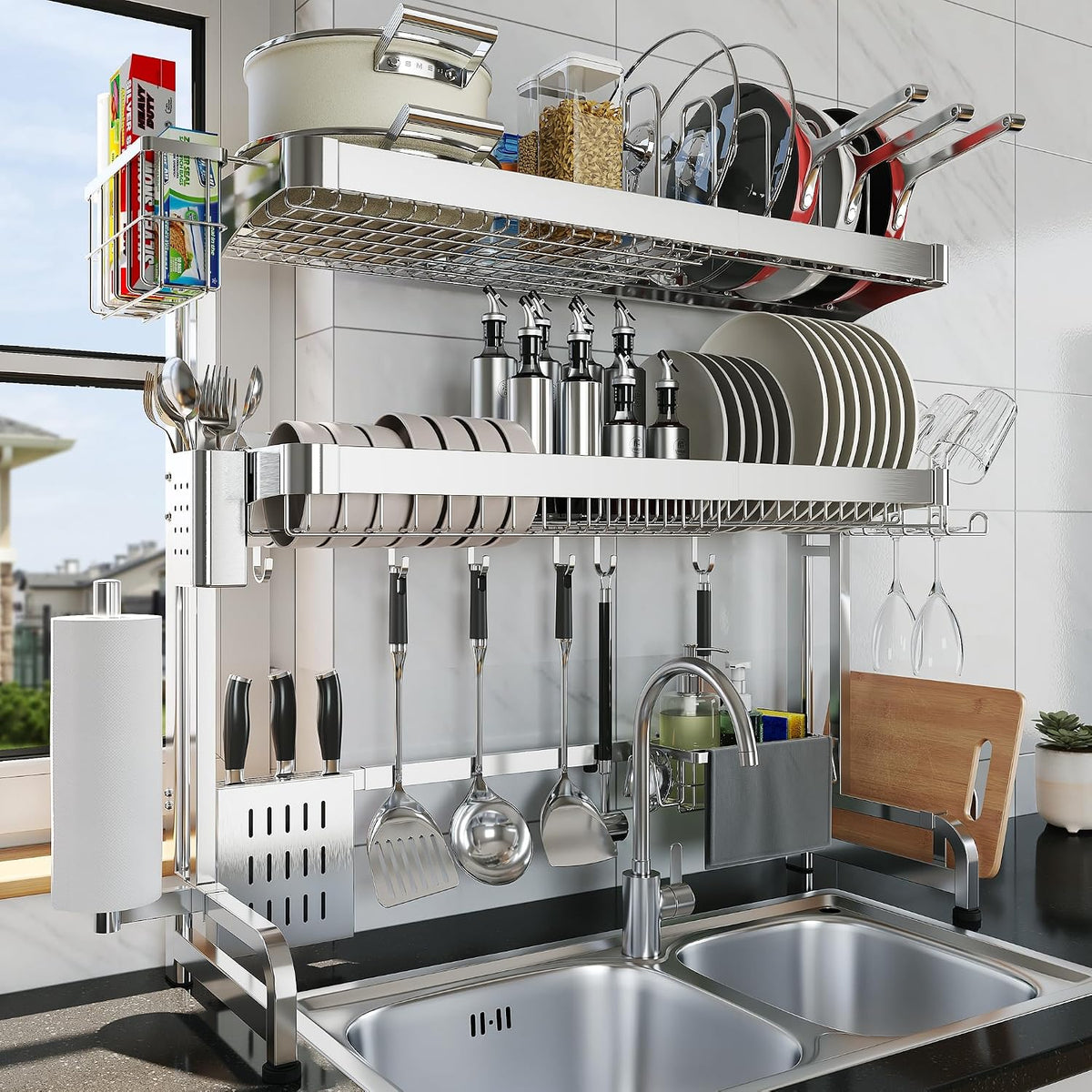 Over The Sink Dish Drying Rack,3 Tier Adjustable Length Full Stainless Steel Large Storage Kitchen Dish Rack,for Kitchen Counter Expandable Multifunctional Organizers,Silver (25.98-37.6")