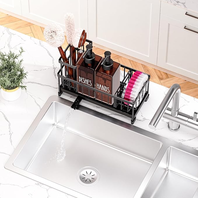 Cisily Kitchen Soap Dispenser Set with Sink Caddy, Glass Bottle, Hand and Dish Soap Dispenser Set with Sponge Holder (Brown Bottles + Black Sponge Holder)