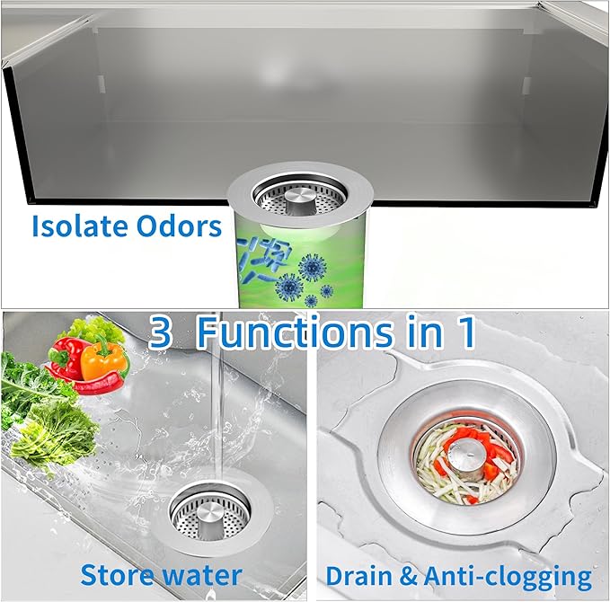 Sink Drain Strainer - Sink Stopper for Kitchen Drain,3 in 1 Kitchen Sink Drain Strainer with Anti Clogging Basket, Easy to Install Kitchen Sink Stopper for US Standard 3-1/2” Drain Hole